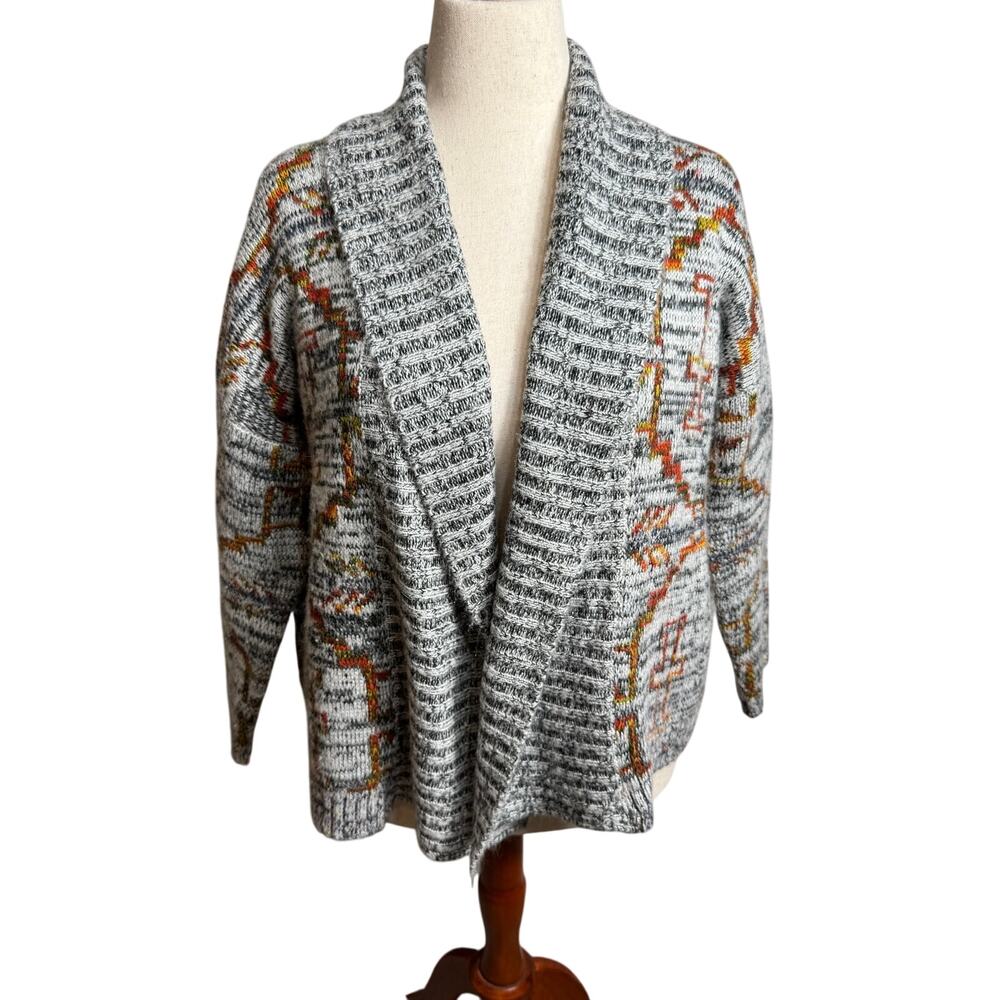 POL open front chunky cardigan sweater Aztec Southwestern gray yellow red Sz M